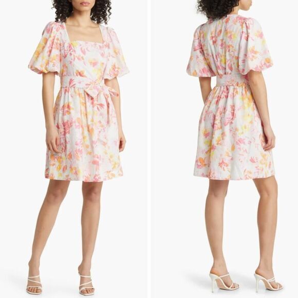New! Eliza J. Floral Print Puff‎ Sleeve Eyelet Cotton Dress, size 8 - Picture 1 of 16